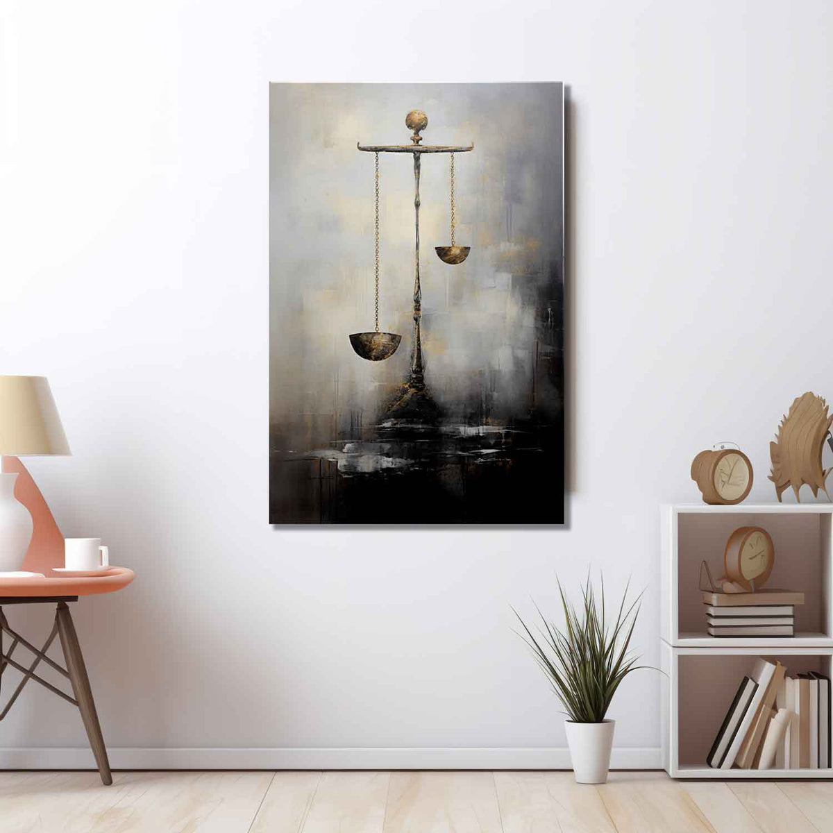 A canvas print featuring a scale with two round balances and a dark background, hanging on a wall above a wooden table with a plant and some decorative items.