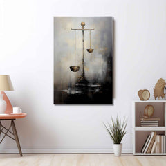 A canvas print featuring a scale with two round balances and a dark background, hanging on a wall above a wooden table with a plant and some decorative items.