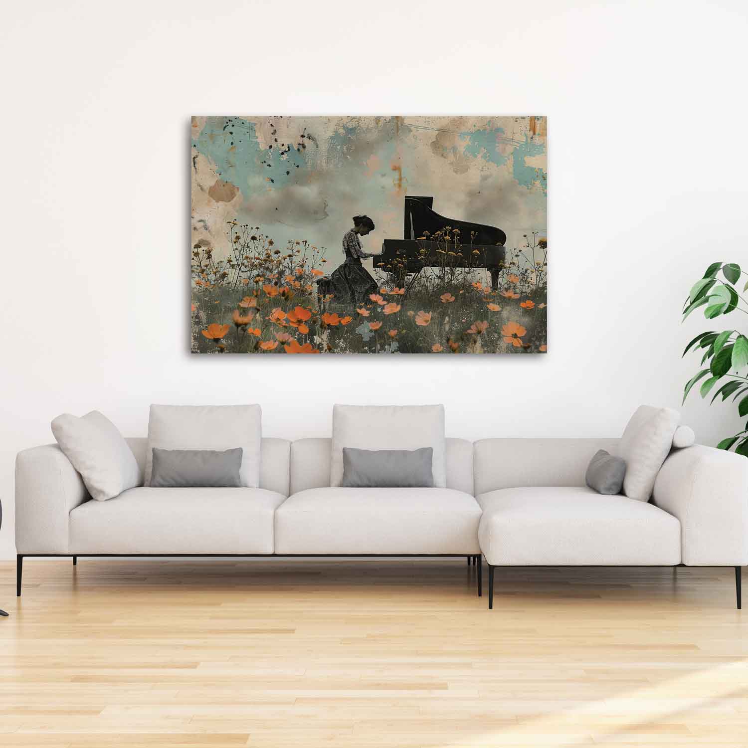 A canvas print featuring a stylized piano and floral design, displayed above a modern sofa in a room with minimalist decor.