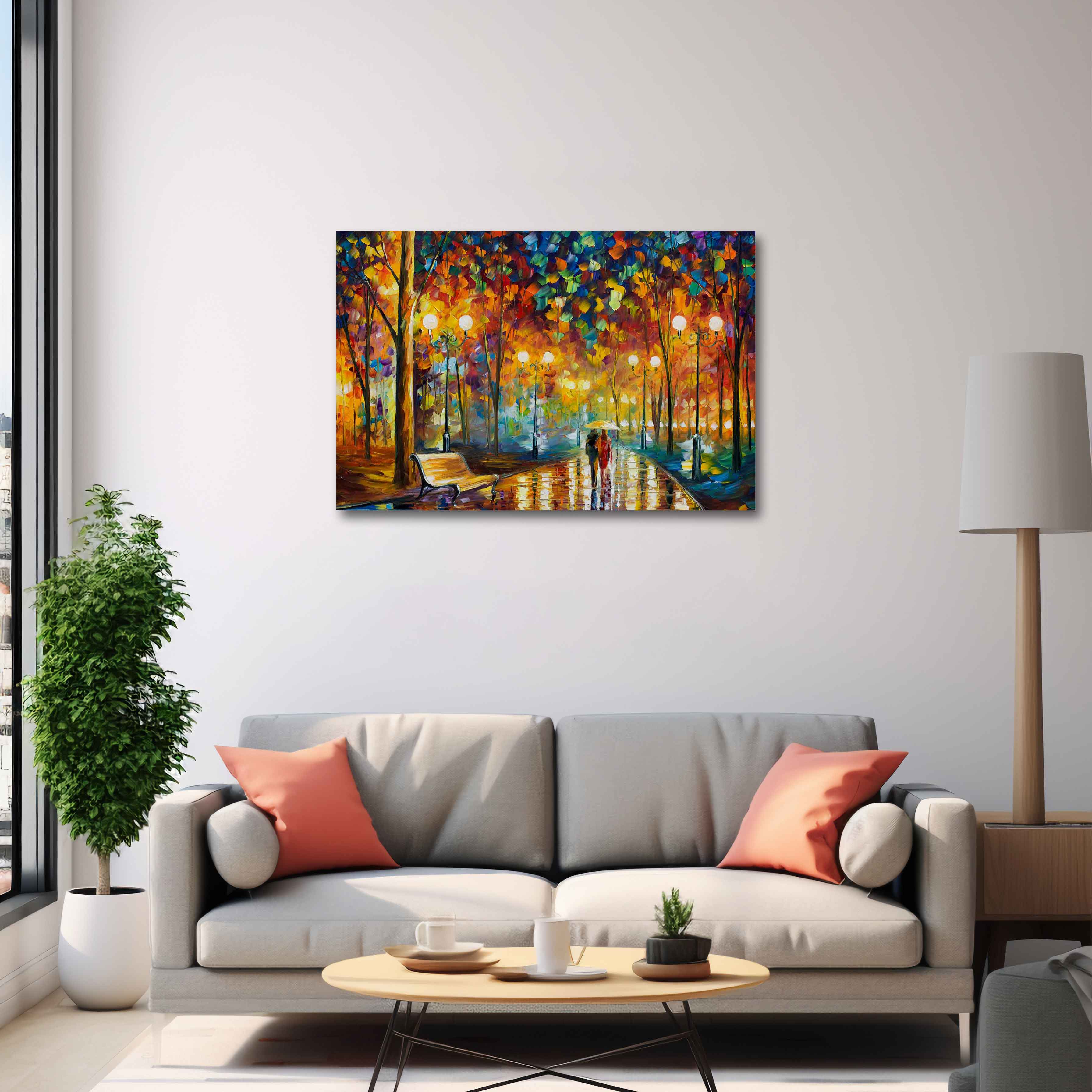 A canvas print featuring a colorful abstract representation of flower plants, displayed above a sofa in a living room setting.