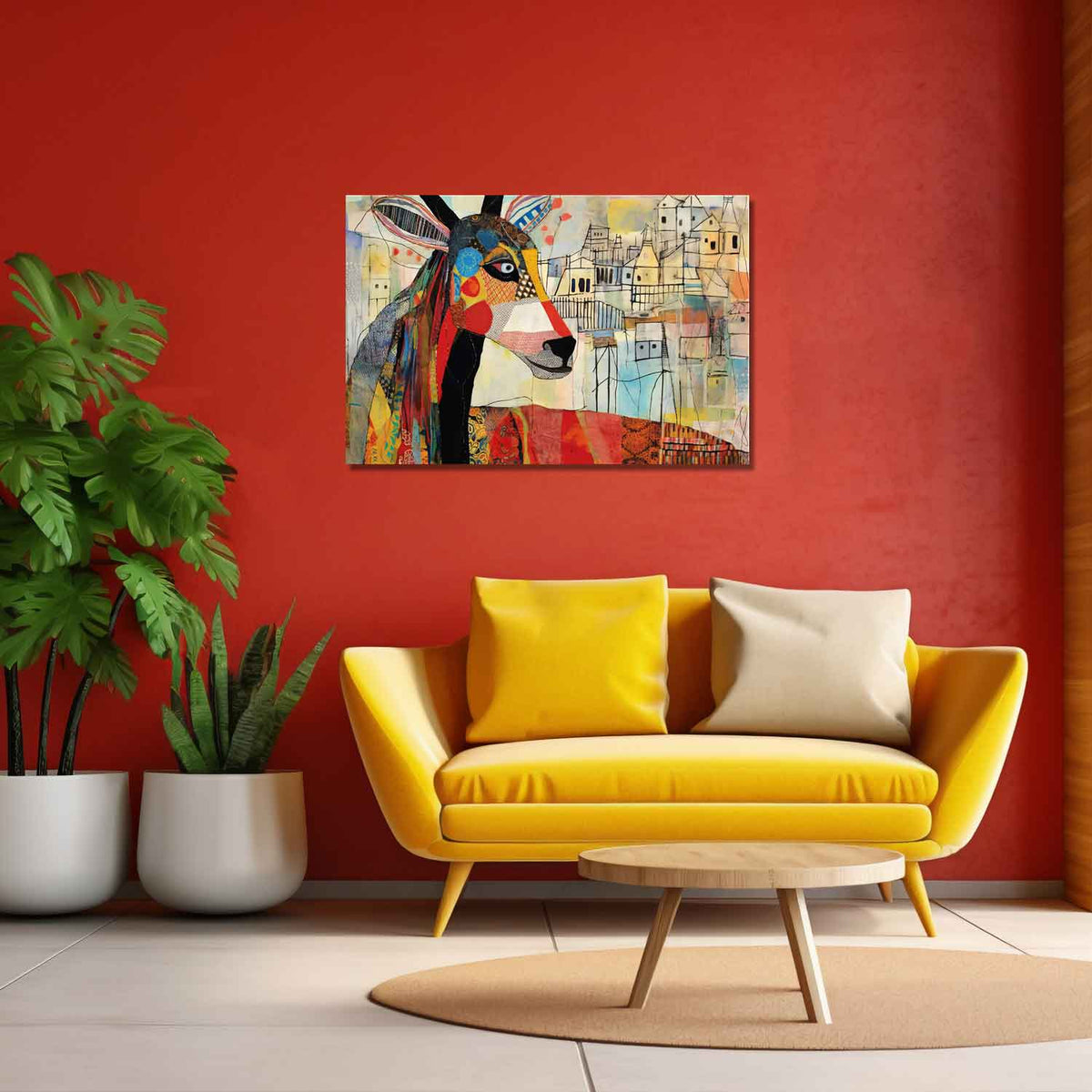A canvas print of an abstract depiction of a deer displayed above a yellow sofa in a room with red walls, decorative plants, and white floor.