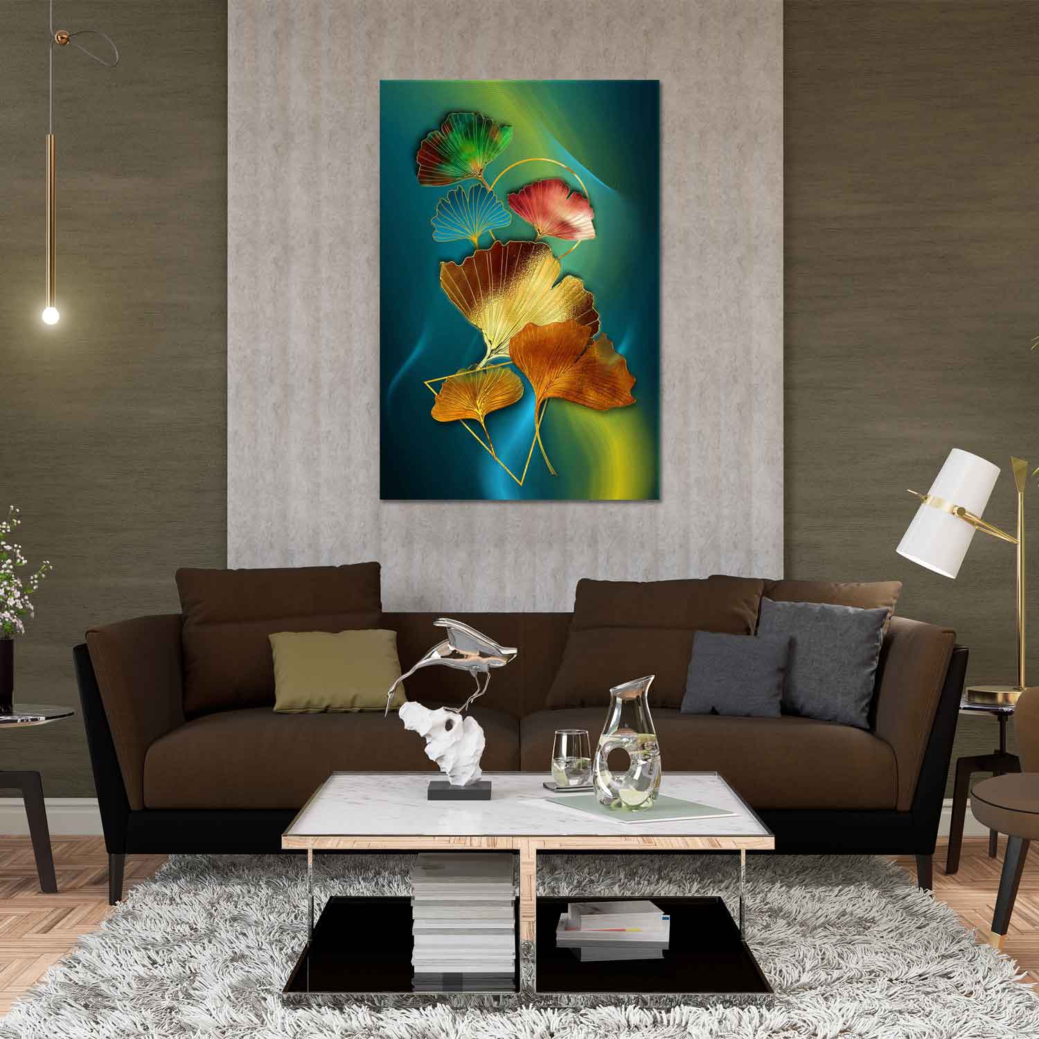 A canvas print featuring an abstract painting of colored feathers displayed above a sofa in a living room setting.