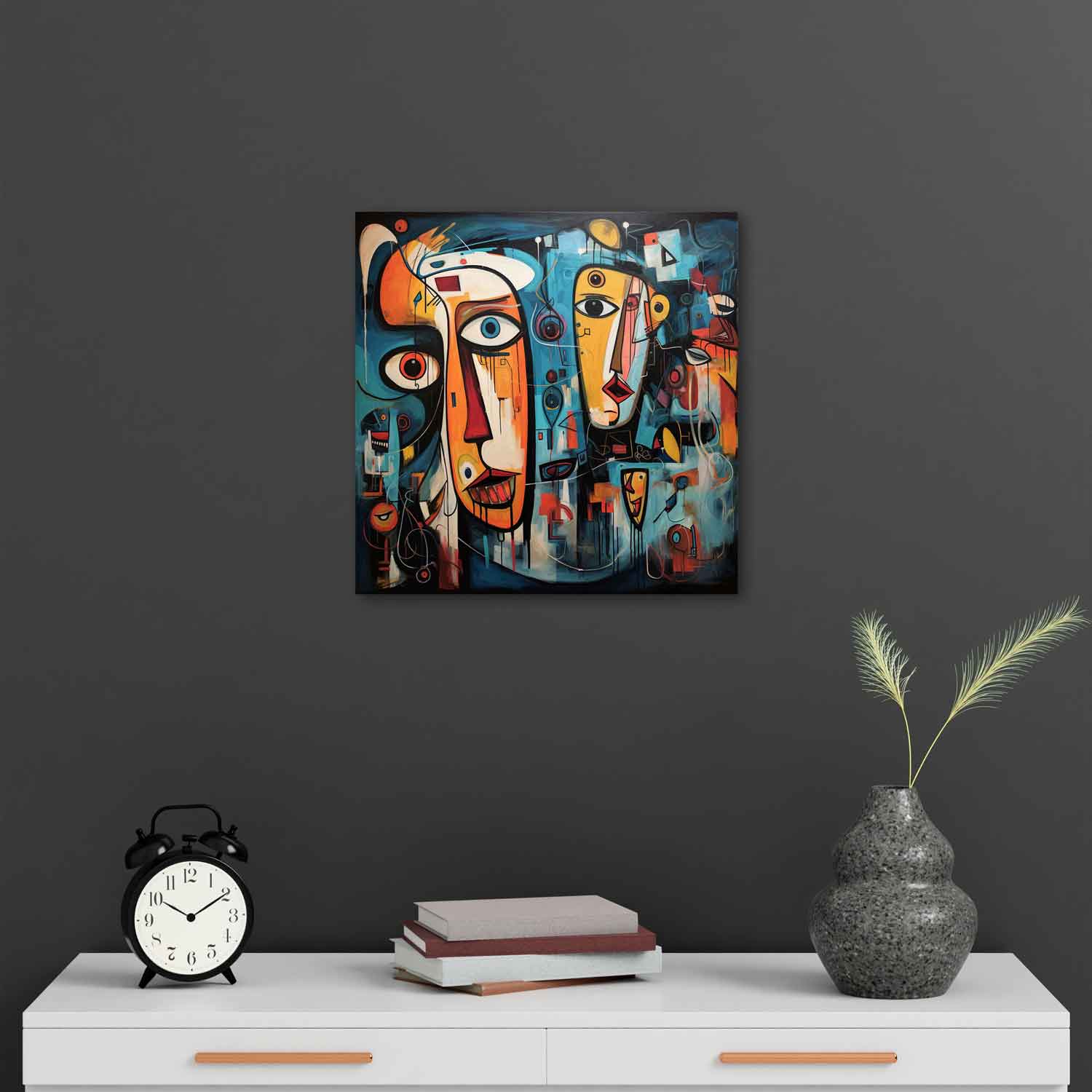 A canvas print featuring an abstract painting with multiple faces and colorful elements, displayed above a table with a clock and a plant.