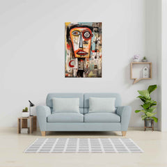 A contemporary abstract painting in vibrant colors displayed above a gray sofa in a room with minimalist decor.