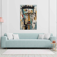 A contemporary abstract painting of a stylized face with prominent, exaggerated features, displayed above a light blue sofa in a minimalistic living room setting.