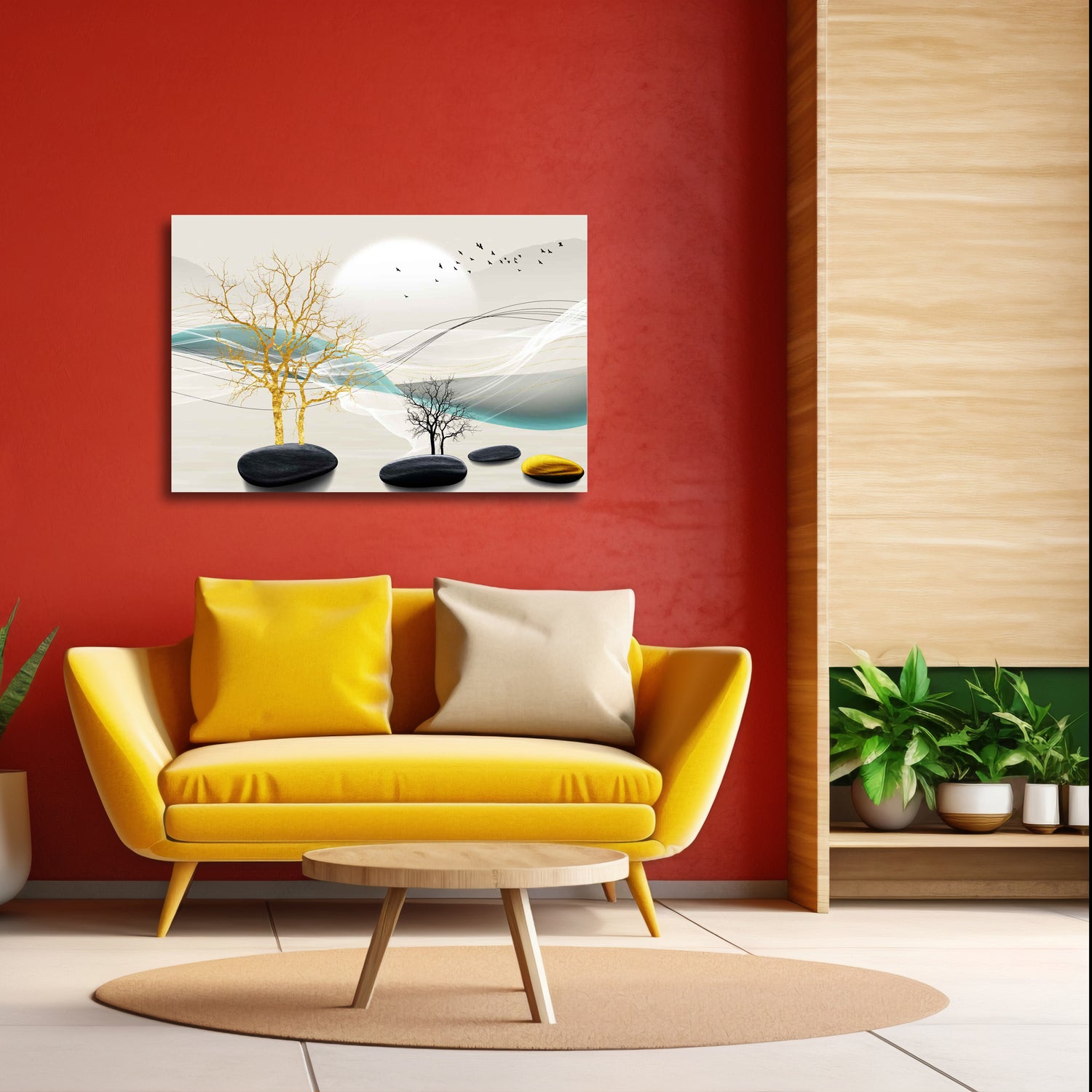 A contemporary abstract painting featuring trees and stones in black, white, and yellow colors on a canvas, displayed above a yellow sofa in a room with red walls.
