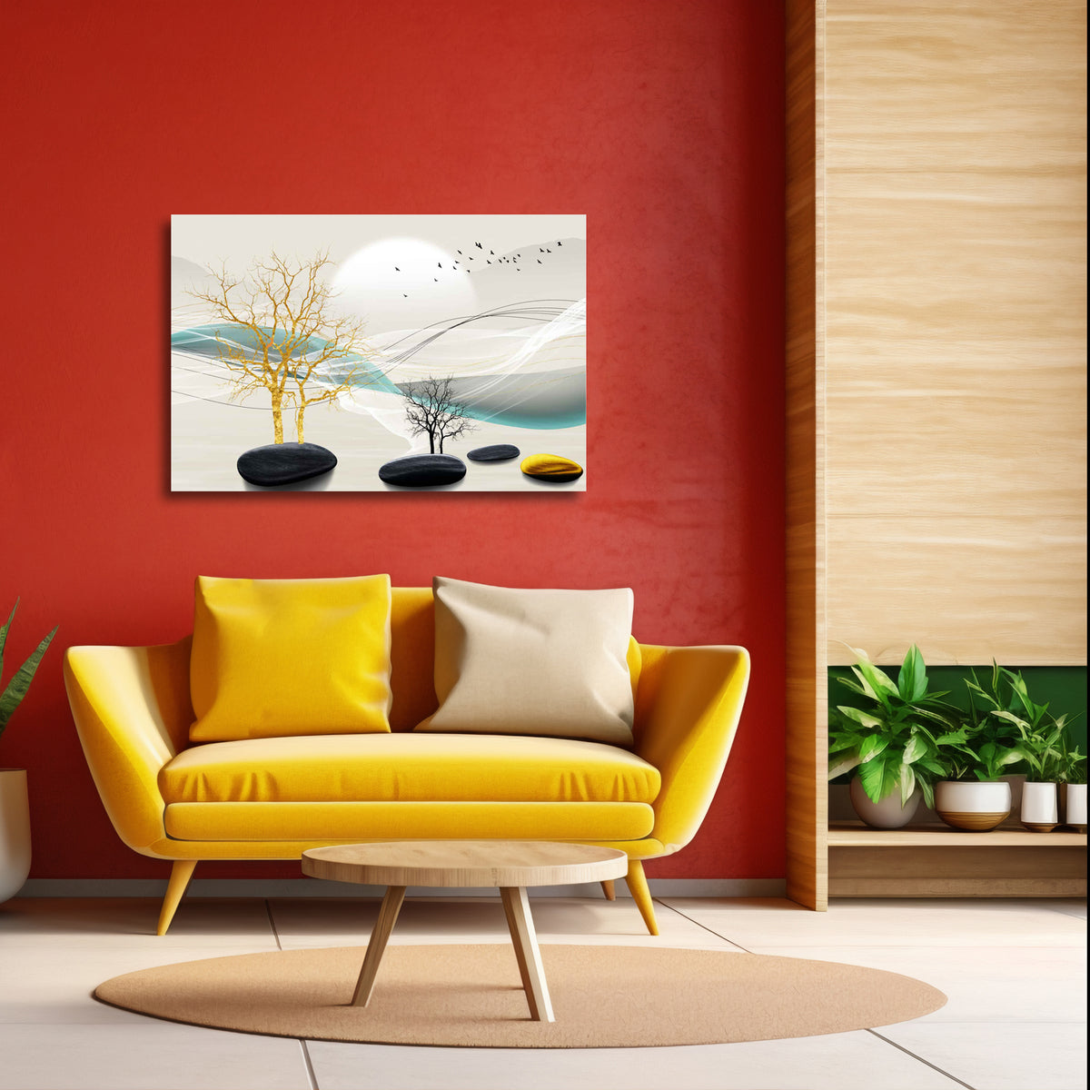 A contemporary abstract painting featuring trees and stones in black, white, and yellow colors on a canvas, displayed above a yellow sofa in a room with red walls.
