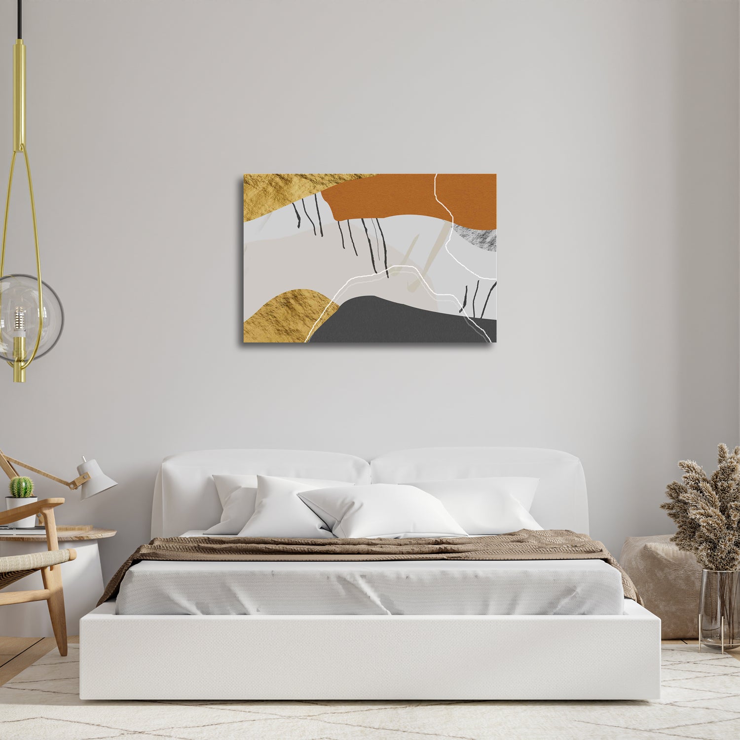 A canvas print featuring geometric shapes in beige, gray, black, and gold colors, displayed above a bed in a room with a minimalist decor.