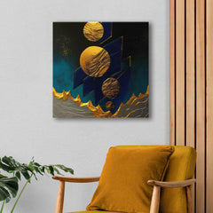A canvas print featuring an abstract design with gold circles and blue background, displayed above an orange armchair.
