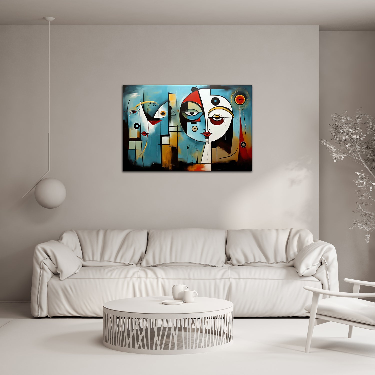 A modern abstract painting featuring geometric shapes in various colors displayed on a wall above a white sofa, with a white frame and wooden elements in the background.