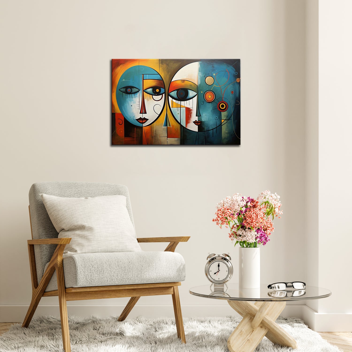 A modern abstract canvas painting featuring two stylized faces with geometric patterns, displayed above a round table with a clock and a vase of flowers on it, with a white armchair to the side.