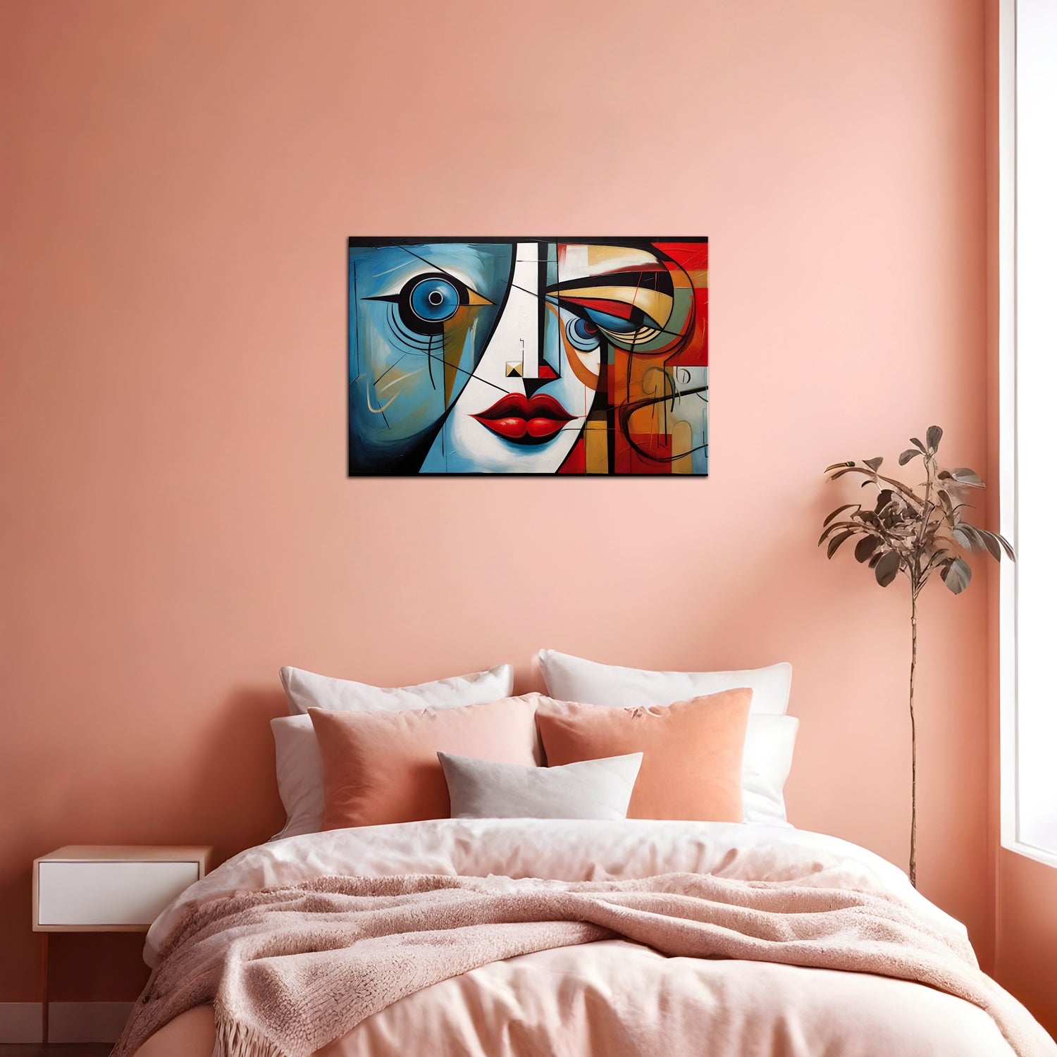 A modern abstract painting featuring geometric shapes in blue, red, and beige applied to a wall in a bedroom setting.