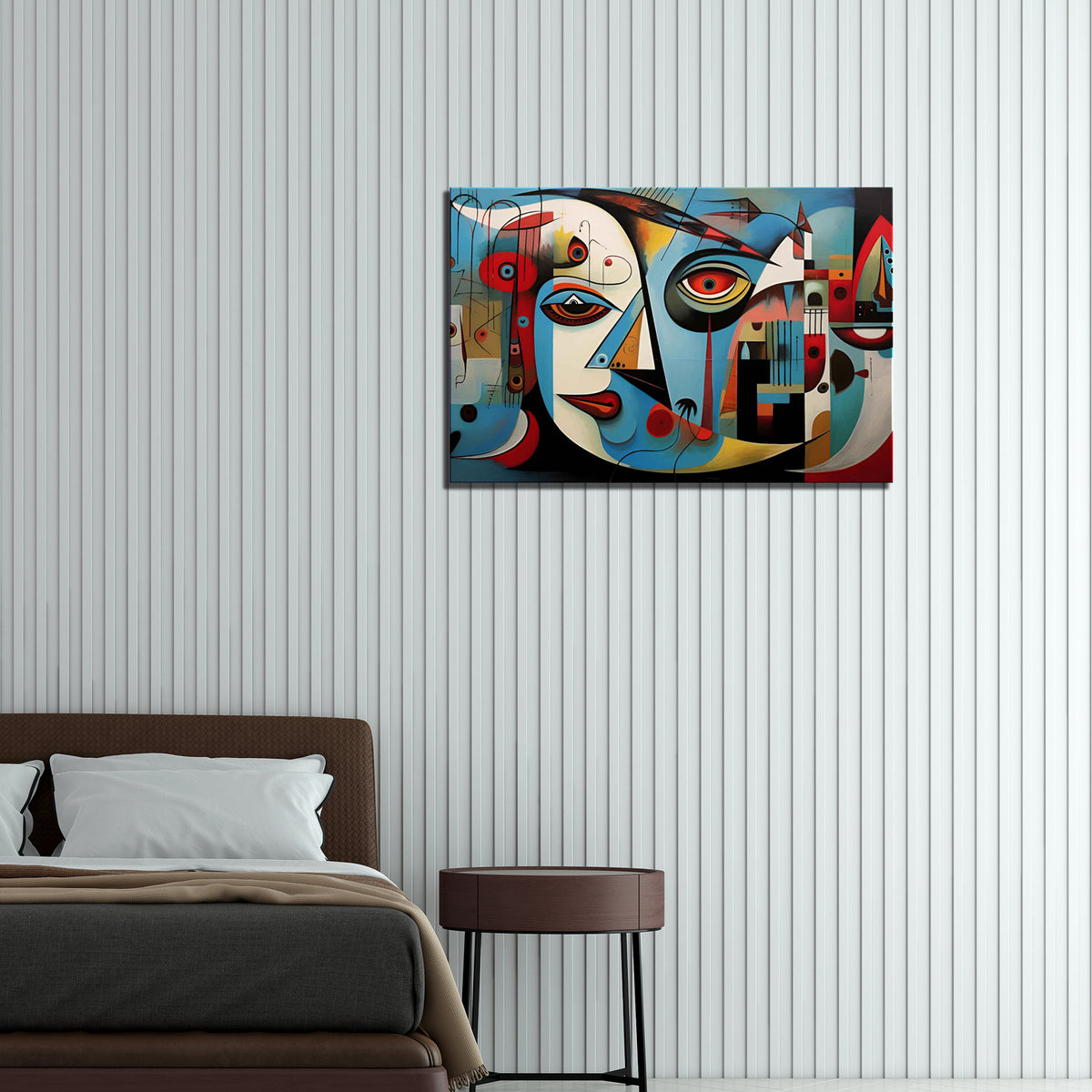 A modern abstract painting featuring geometric shapes displayed above a bed in a room with white walls.
