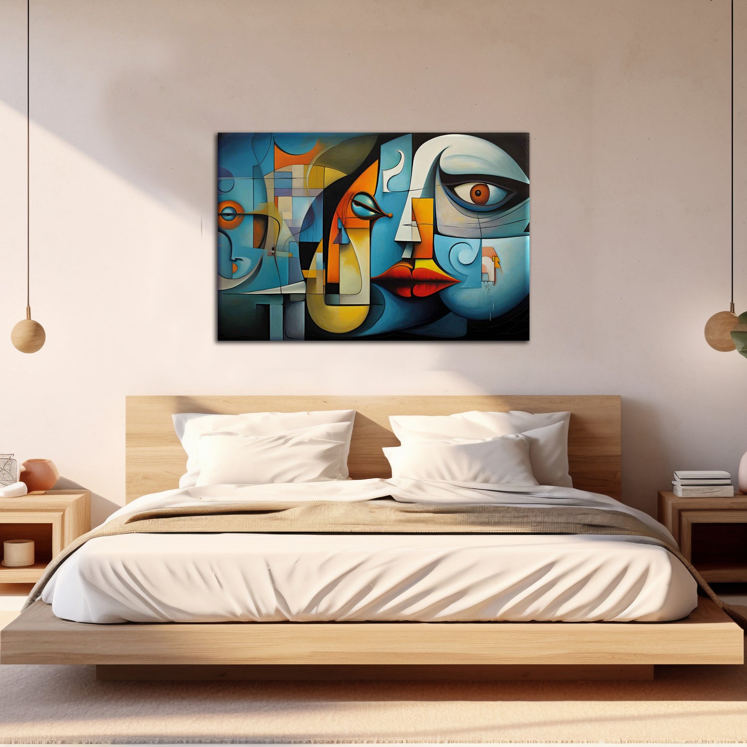 A modern abstract painting featuring geometric shapes and faces in blue, yellow, and red, displayed above a bed in a bright room.