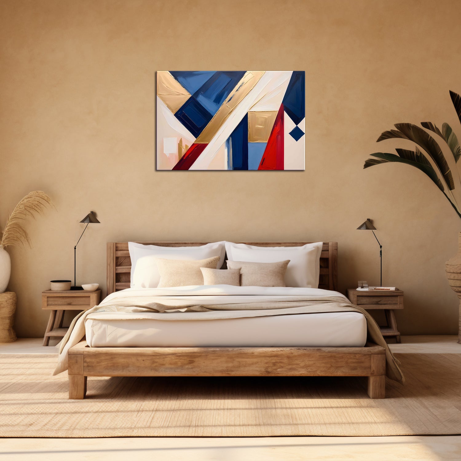A contemporary abstract canvas print featuring geometric shapes in gold, blue, and red, displayed above a bed in a room with a neutral color scheme.
