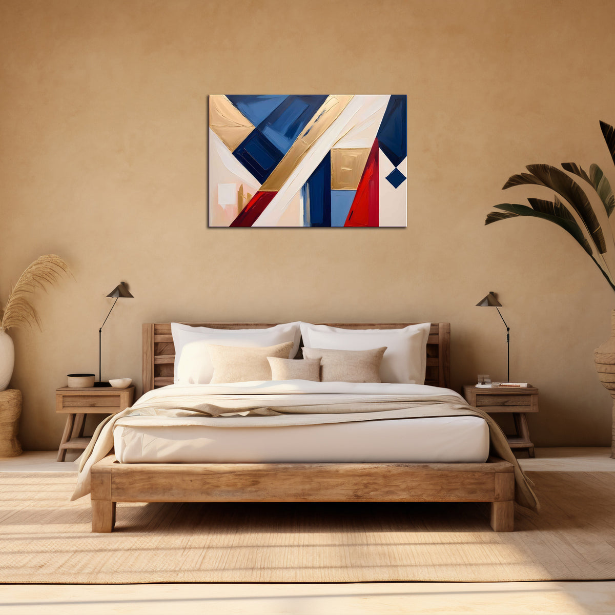 A contemporary abstract canvas print featuring geometric shapes in gold, blue, and red, displayed above a bed in a room with a neutral color scheme.