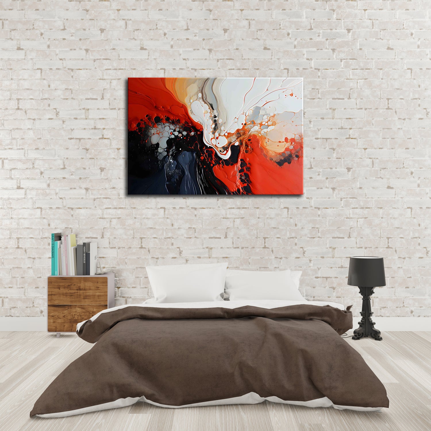 A modern abstract painting featuring predominantly black and red colors with white accents, displayed above a bed in a room with a white brick wall.