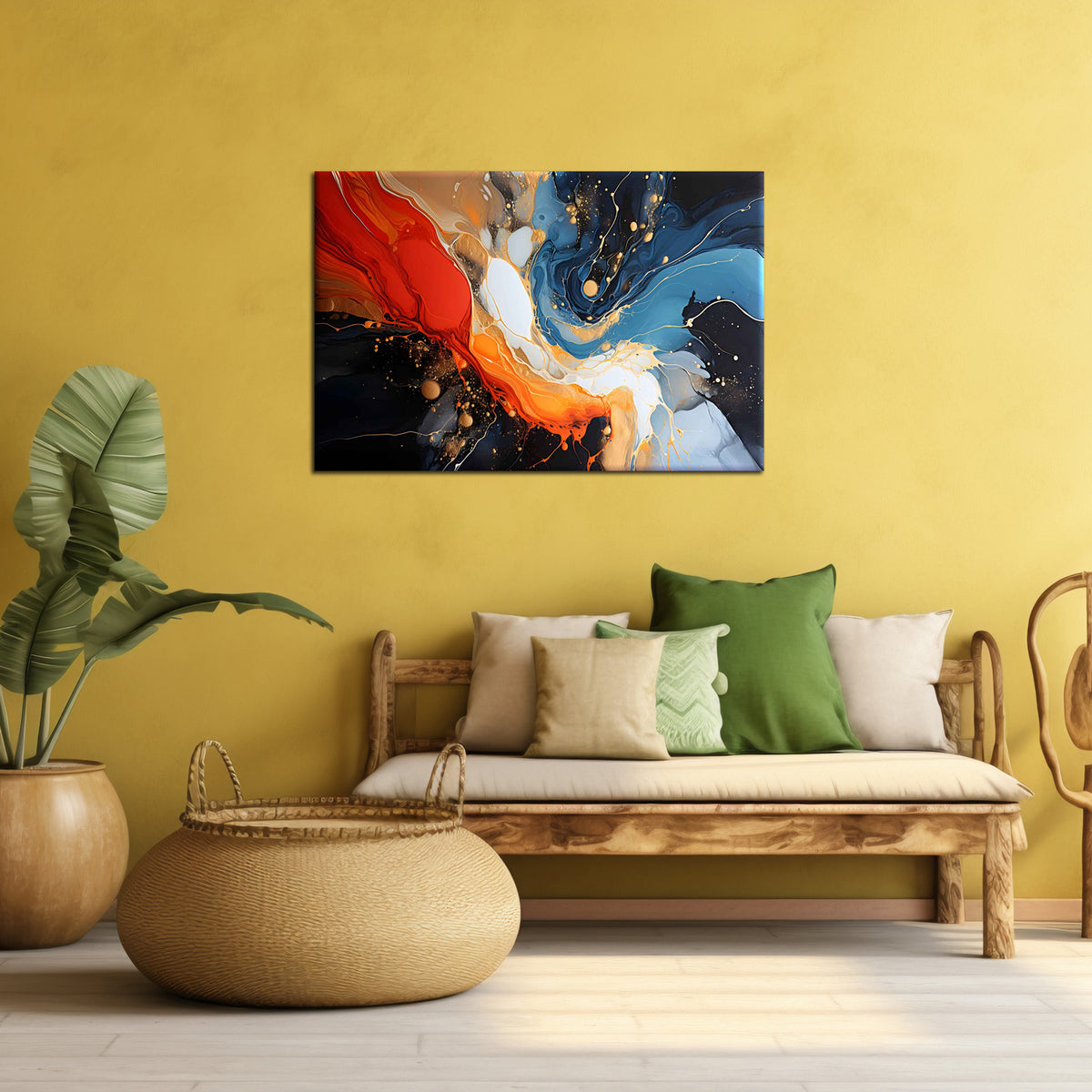 A modern abstract painting displayed on a yellow wall, featuring a blend of blue, red, and black colors with a dynamic, swirling pattern.