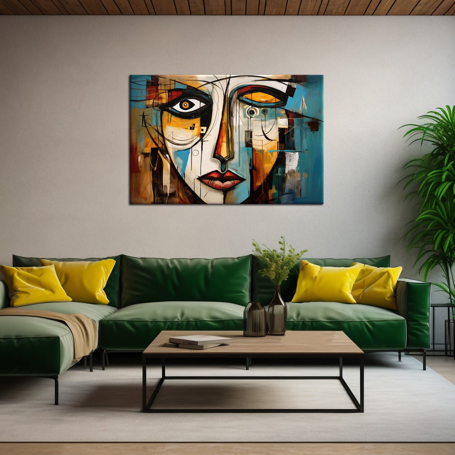 A modern abstract painting of a stylized face with geometric features and a colorful background, displayed on a wall above a green sofa with yellow cushions.
