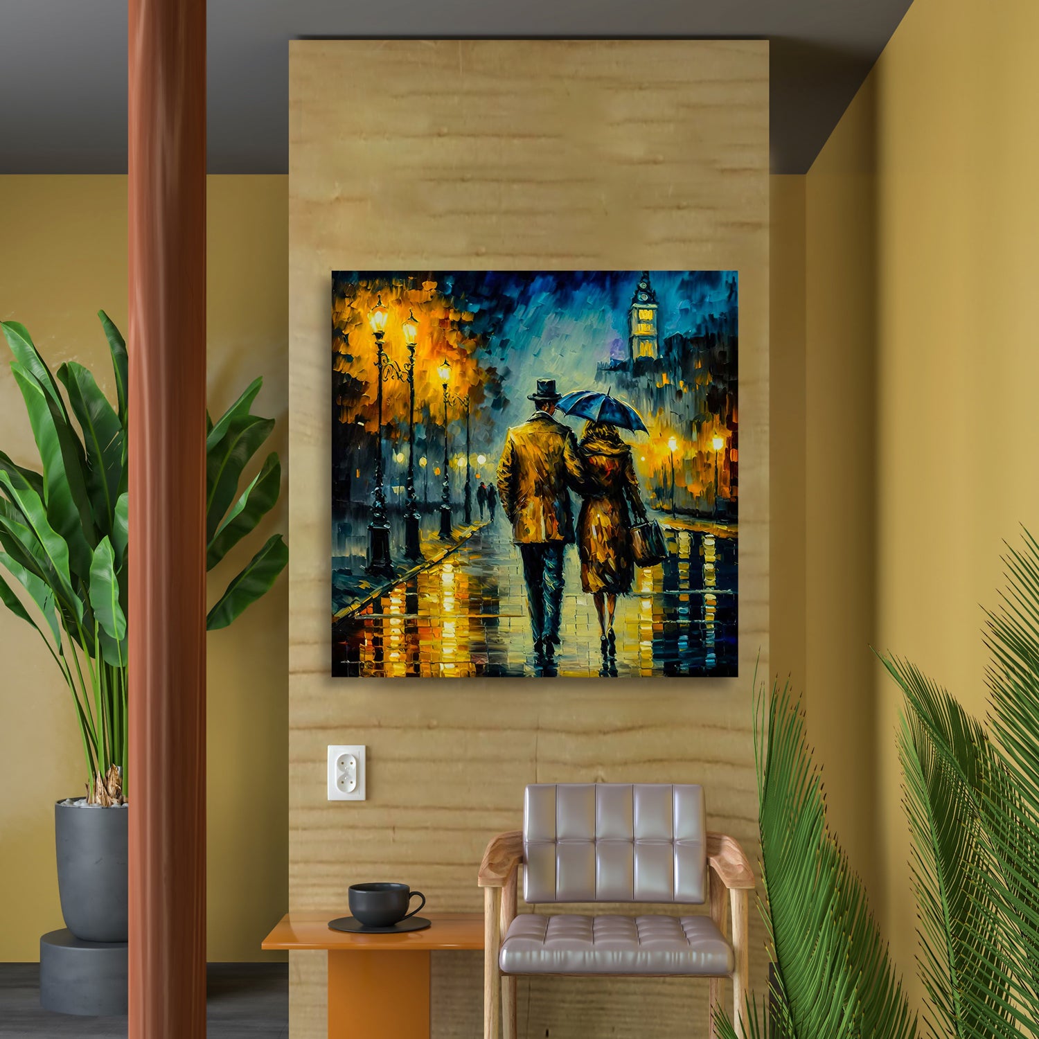 A canvas print depicting a painting of a couple walking down a city street at night, with the man holding an umbrella, mounted on a wall in a room with a wooden frame and a chair.