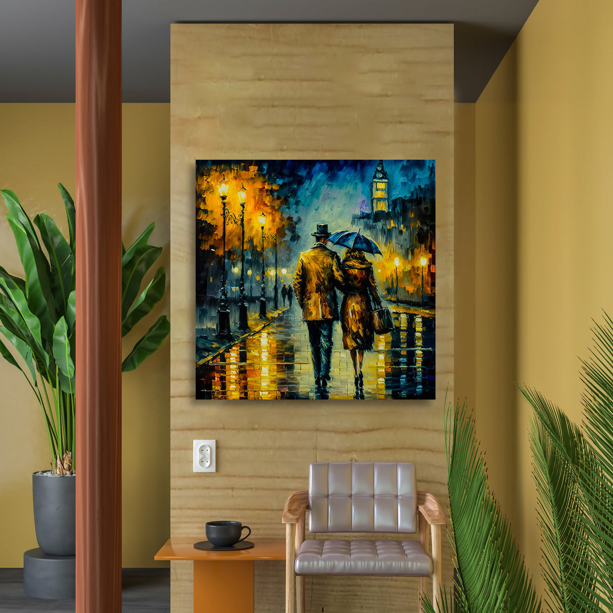 A canvas print depicting a painting of a couple walking down a city street at night, with the man holding an umbrella, mounted on a wall in a room with a wooden frame and a chair.