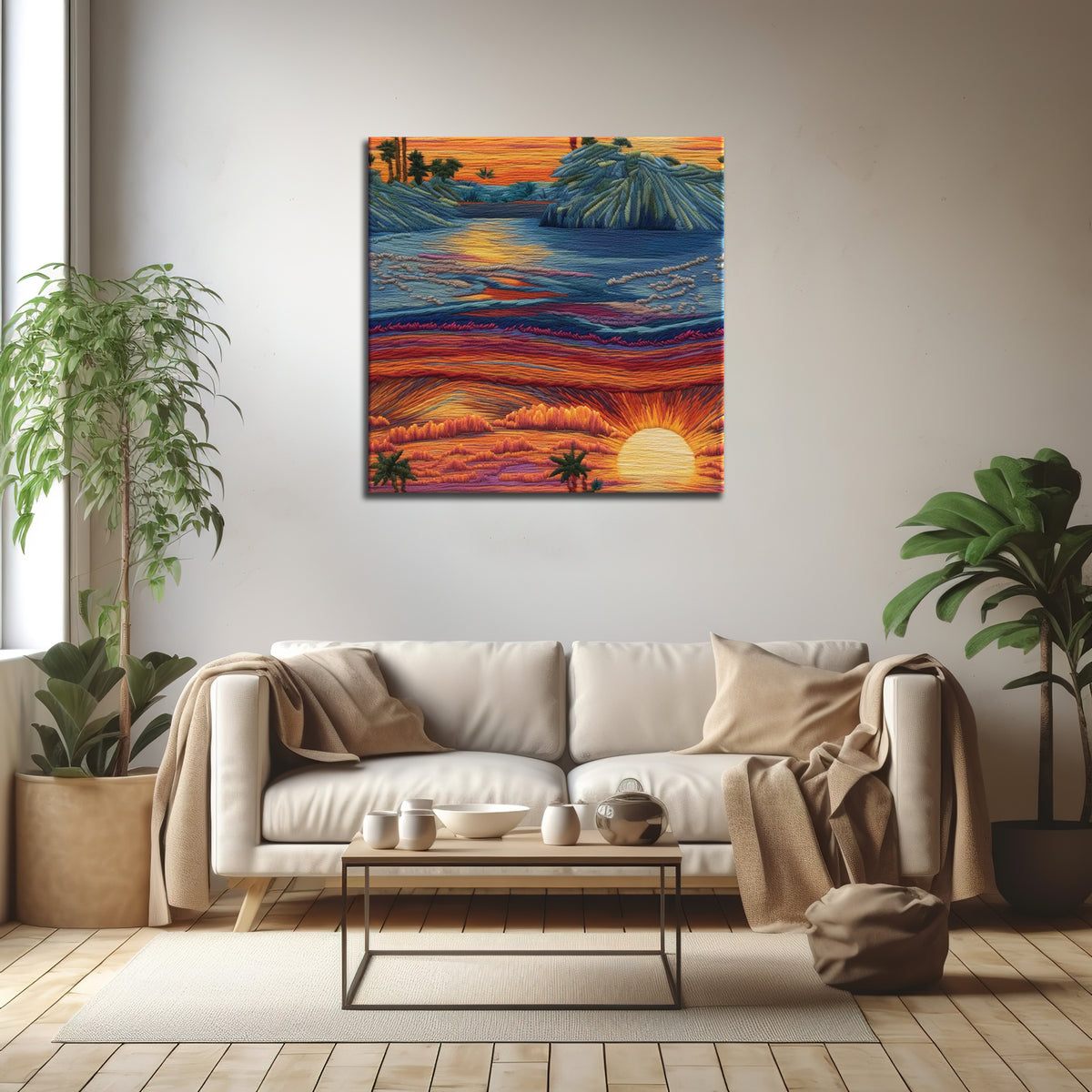 sunset landscape painting, tropical scenery canvas, colorful nature wall art, landscape décor.