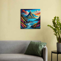 A vibrant modern landscape painting displayed on a wall above a grey sofa, with a potted plant to the right.