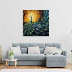 A canvas painting featuring a peacock with a vibrant tail displayed above a gray sofa with white cushions.