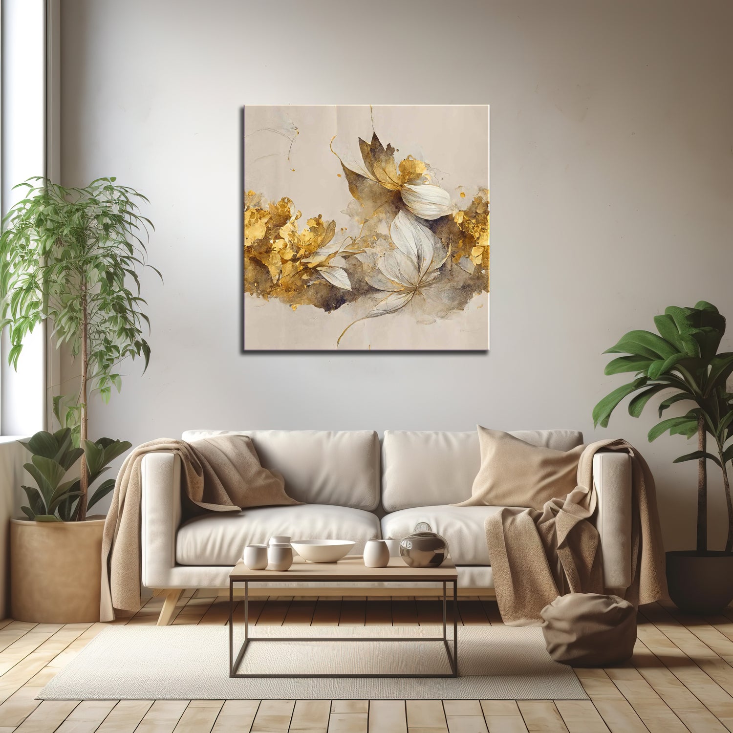 A canvas print featuring a floral design, displayed on a wall above a beige sofa with a wooden coffee table and a green potted plant in the foreground.