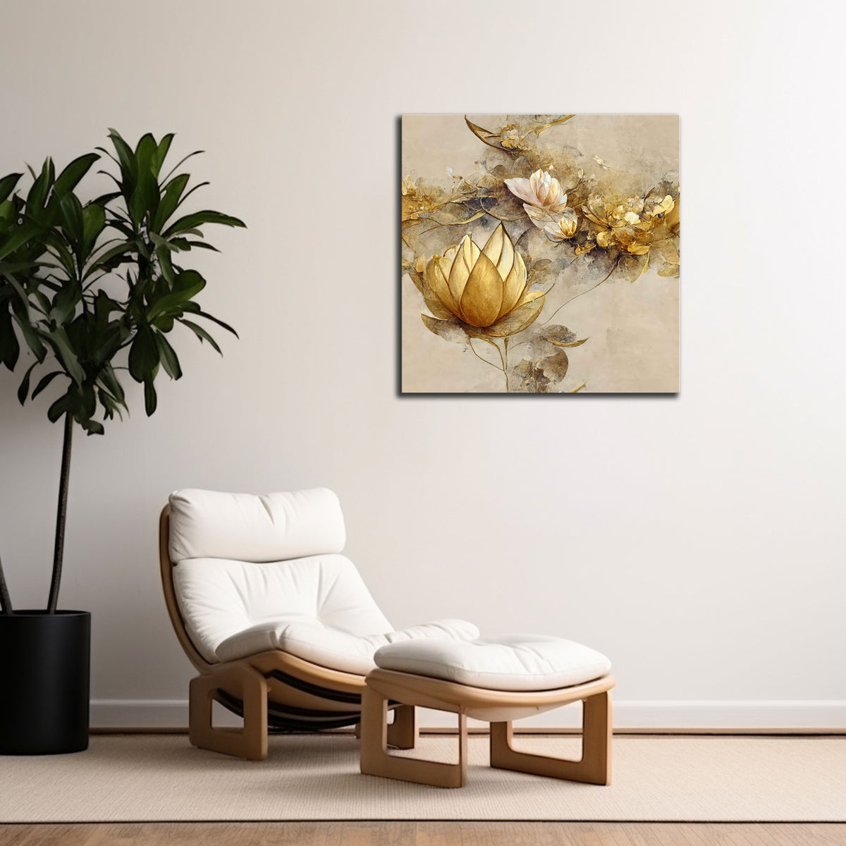 A canvas print featuring a handdrawn floral painting, displayed above a modern white chair and a wooden side table in a room with a neutral color scheme.
