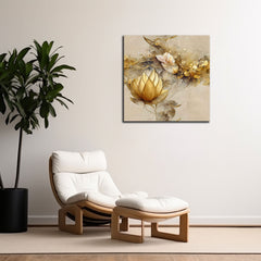 A canvas print featuring a handdrawn floral painting, displayed above a modern white chair and a wooden side table in a room with a neutral color scheme.