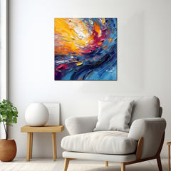 A vibrant abstract painting with dominant blue and yellow tones, displayed on a wall above a white armchair and a wooden side table with a plant.
