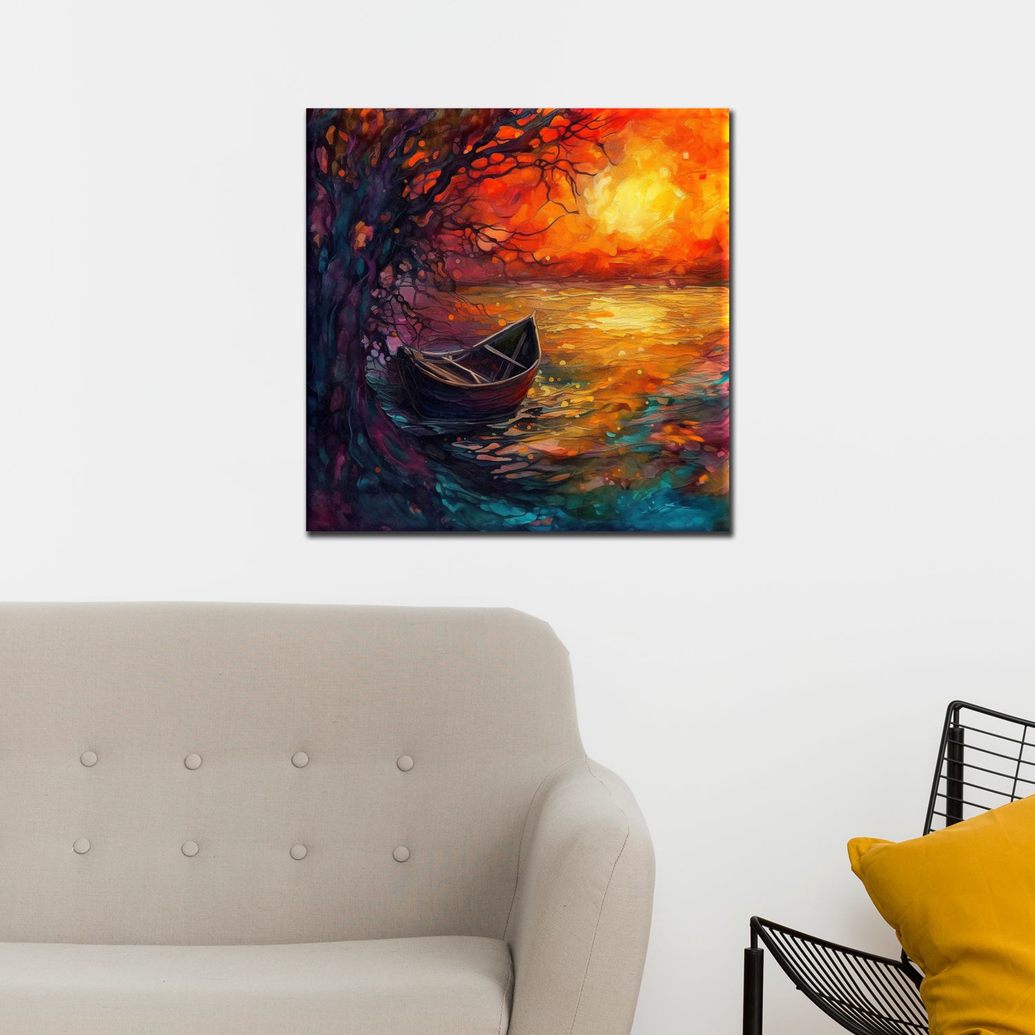 A canvas painting featuring an abstract floral pattern with a boat and tree, displayed above a sofa in a room setting.