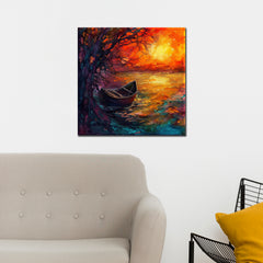 A canvas painting featuring an abstract floral pattern with a boat and tree, displayed above a sofa in a room setting.