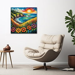 A vibrant canvas print featuring a colorful floral and ocean scene with a sunset, displayed in a modern interior setting with a white armchair and wooden table.