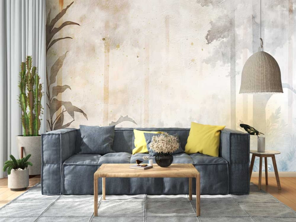 A serene living space with a gray couch, natural wood accents, and a textured wallpaper that adds depth and visual interest to the room.