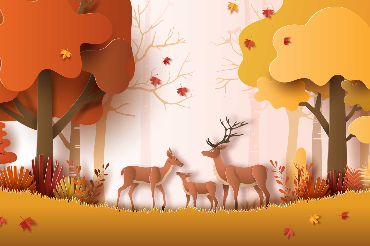 Deer family print wallpaper with forest background
