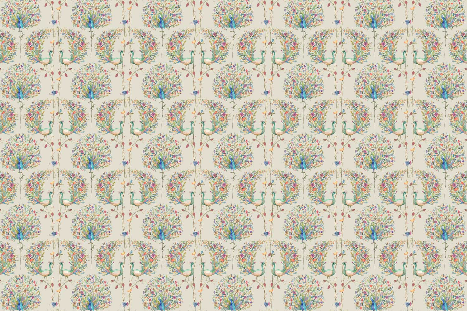 Luxurious peacock wallpaper inspired by traditional rug patterns