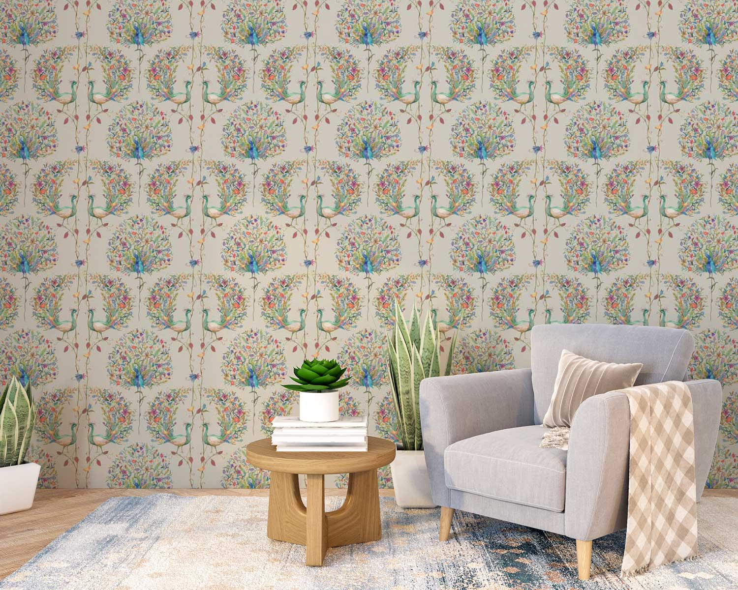 Luxurious peacock wallpaper inspired by traditional rug patterns