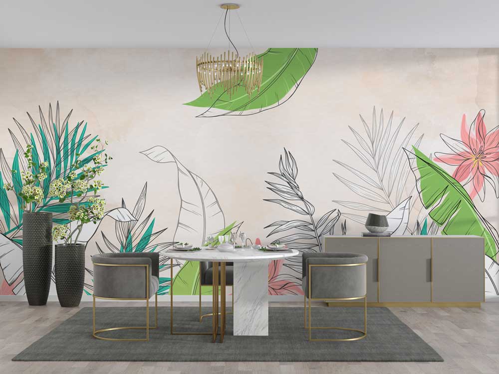 A beautiful botanical wallpaper featuring large green leaves and pink flowers in a modern and elegant design.