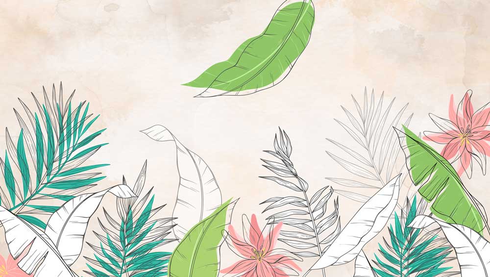 A beautiful botanical wallpaper featuring large green leaves and pink flowers in a modern and elegant design.