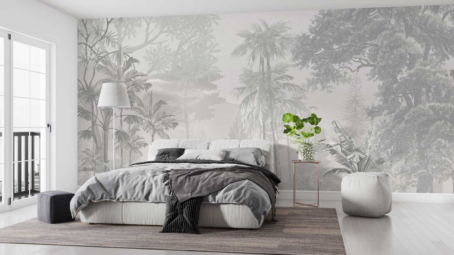 Grey tree print wallpaper with minimalist forest design