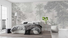 Grey tree print wallpaper with minimalist forest design