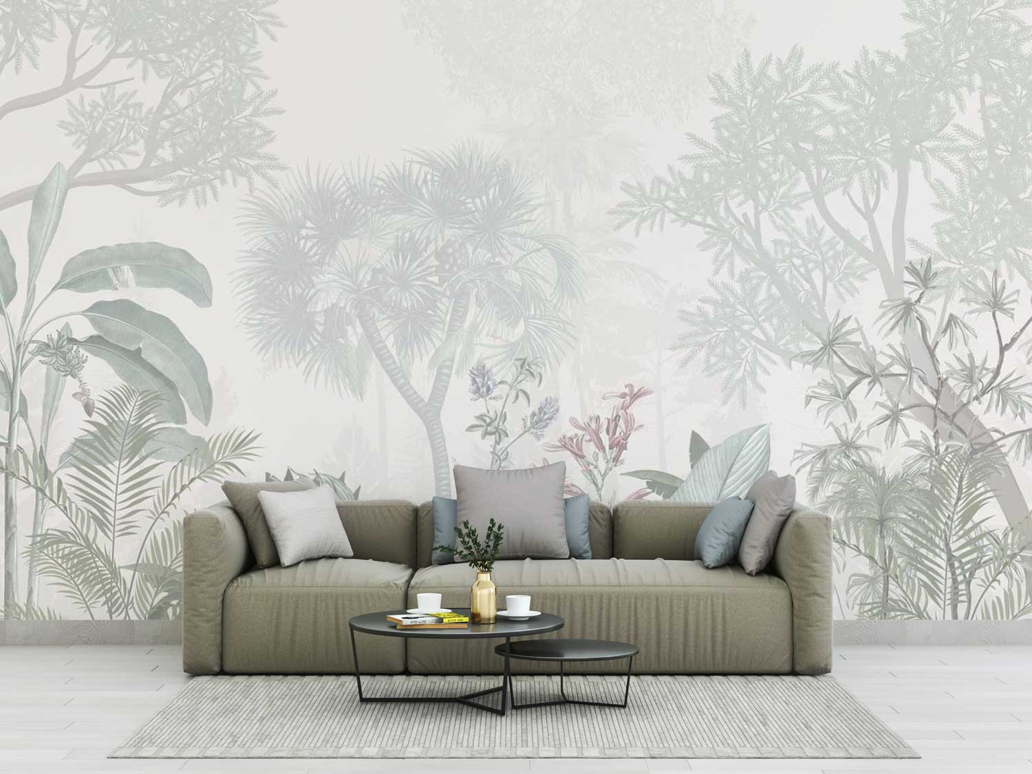 Forest landscape wallpaper with printed trees and natural tones
