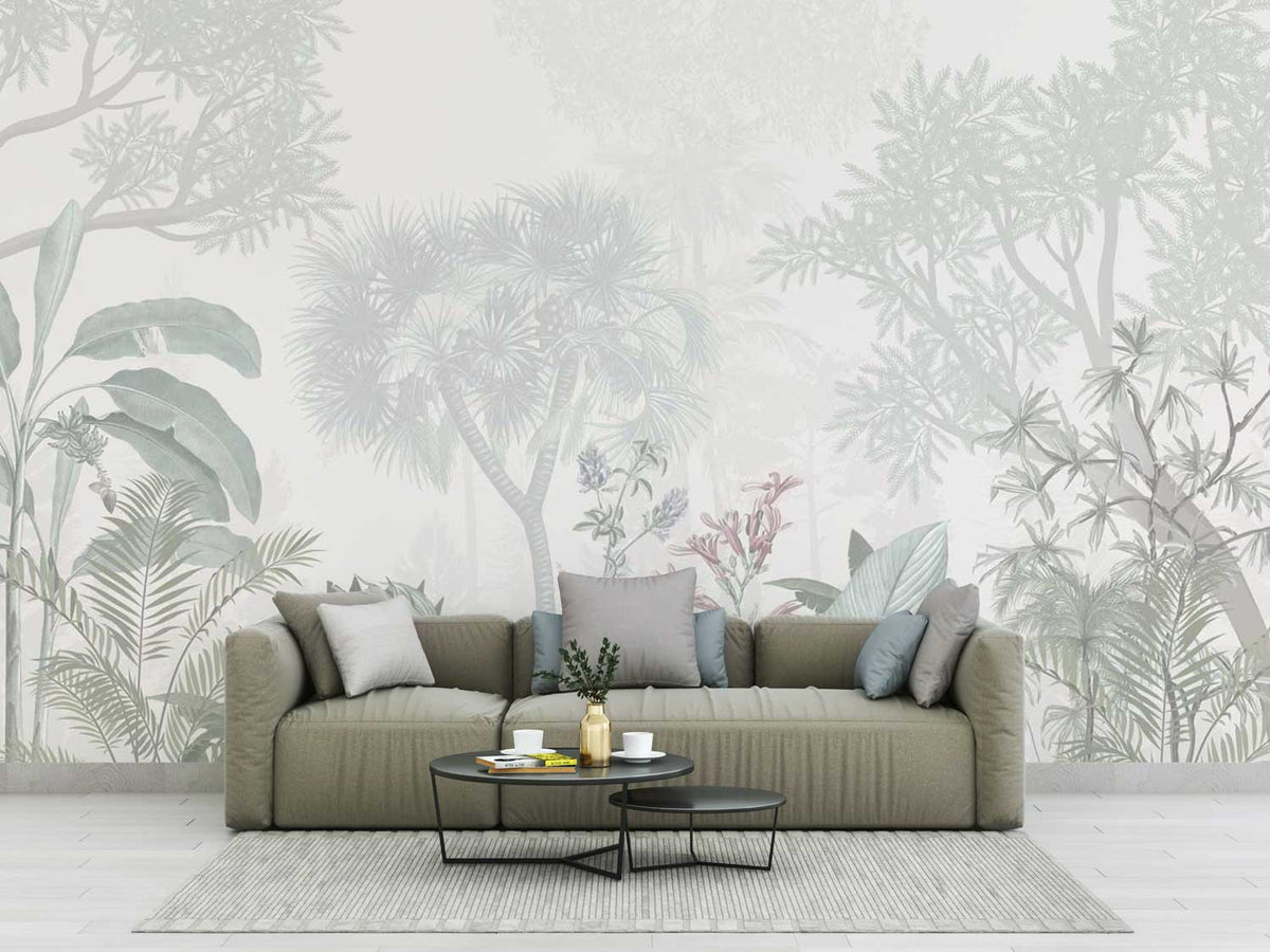 Forest landscape wallpaper with printed trees and natural tones