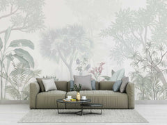 Forest landscape wallpaper with printed trees and natural tones