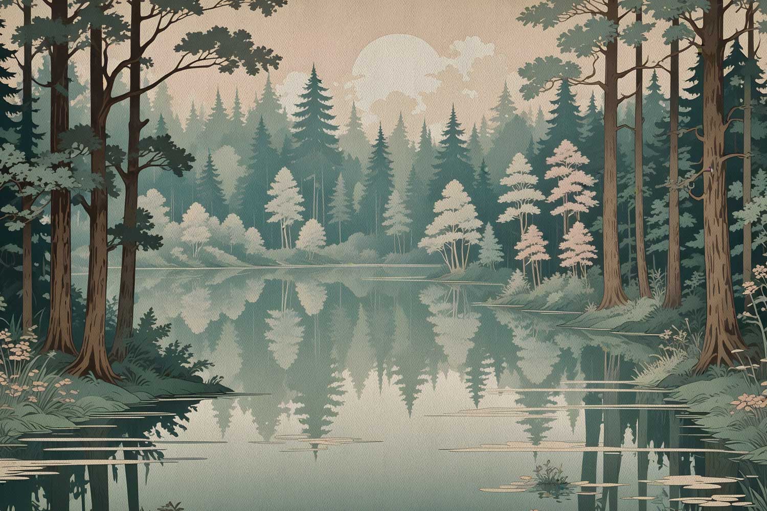 A wall mural depicting a forest and lake scene with green, blue, and brown tones, applied on a wall behind a gray sofa.