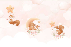 Playful cartoon squirrel design wallpaper with trees and woodland theme