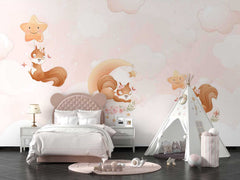 Playful cartoon squirrel design wallpaper with trees and woodland theme