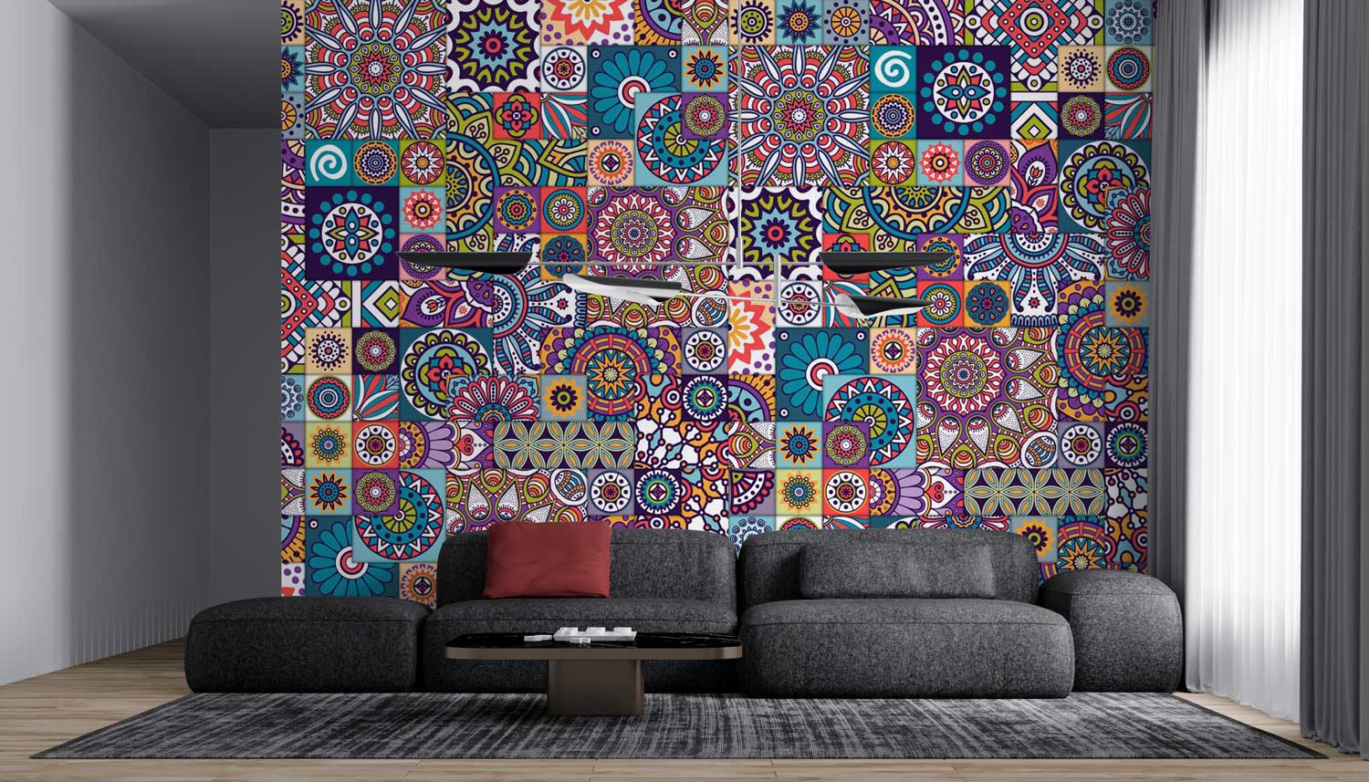 Bohemian style wallpaper featuring intricate mandala designs in bright colors